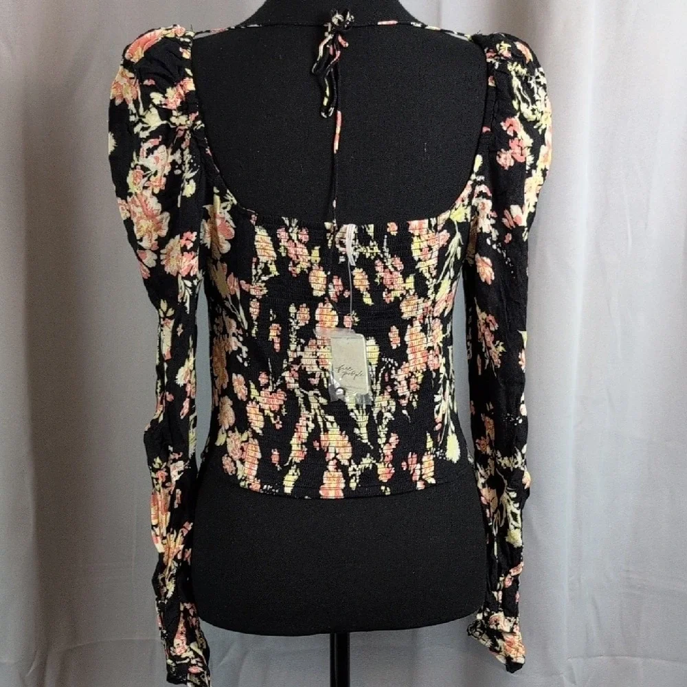 Free People Hillary Floral‎ Puff Sleeve Smocked Corset Crop Top SZ S MSRP 98 New